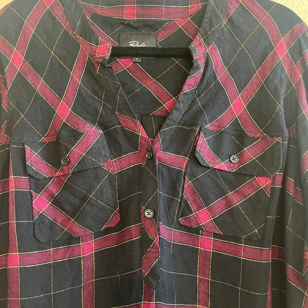 Rails Redding Linen Raw Hem Plaid Long Sleeve Popover Shirt Black Wine Gold Sz L - Picture 4 of 8